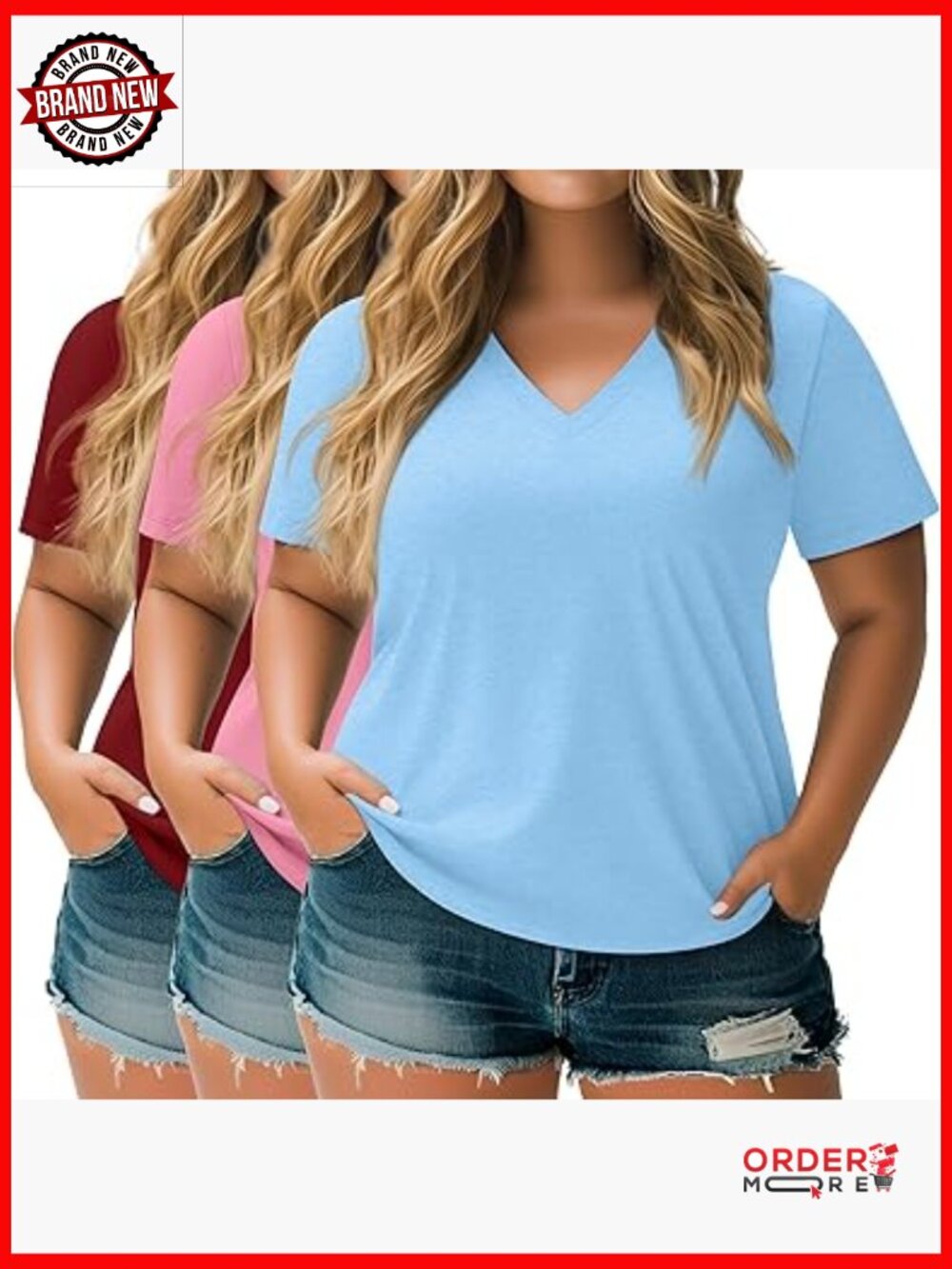 Plus Size 3 Pack V Neck Short Sleeve T Shirts Loose Fit Solid Tees